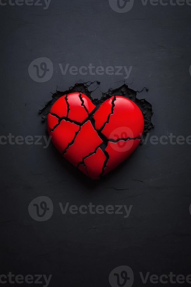 broken heart on black background with red hearts photo