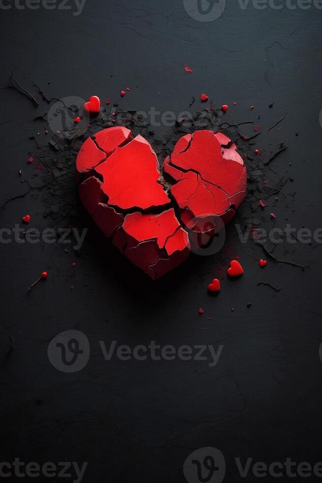 broken heart on black background with red hearts photo