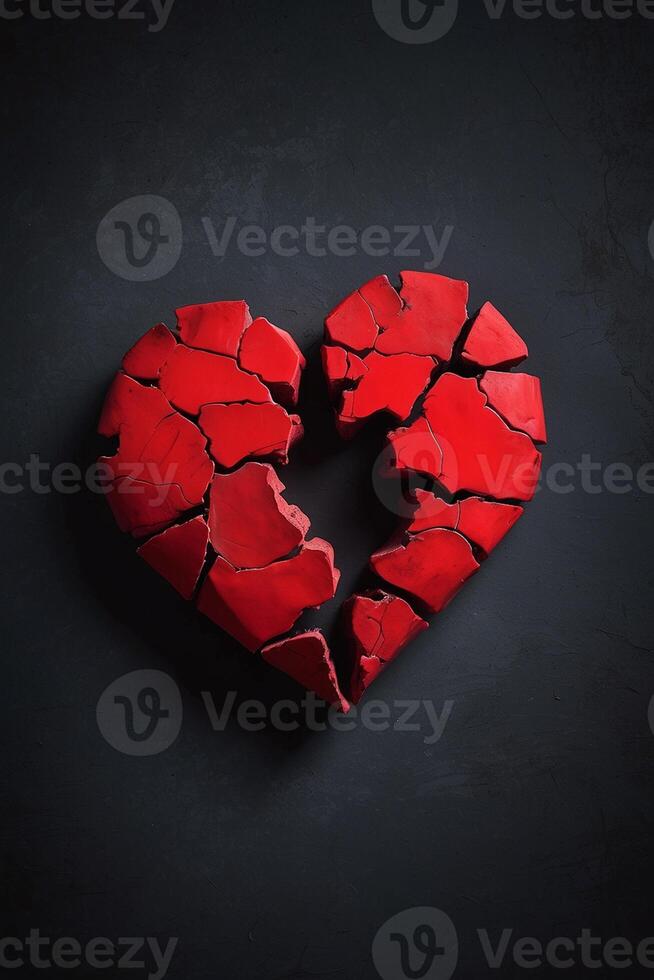 broken heart concept with red heart on black background photo