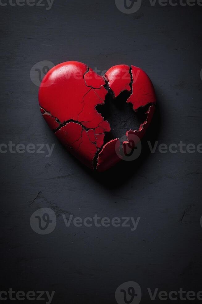 broken heart concept with red heart on black background photo