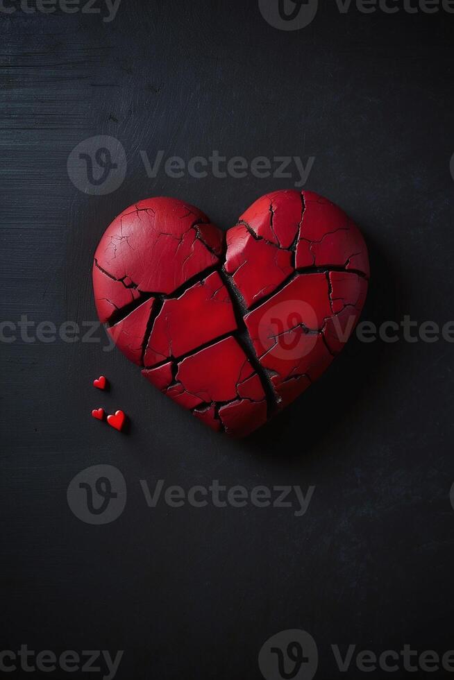 broken heart concept with red heart on black background photo