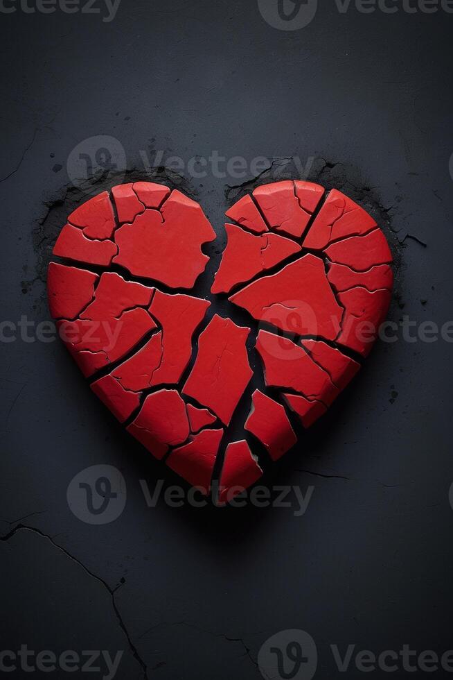 broken heart concept with red heart on black background photo