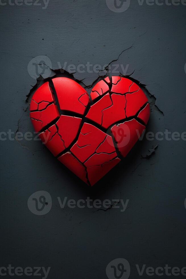 broken heart concept with red heart on black background photo