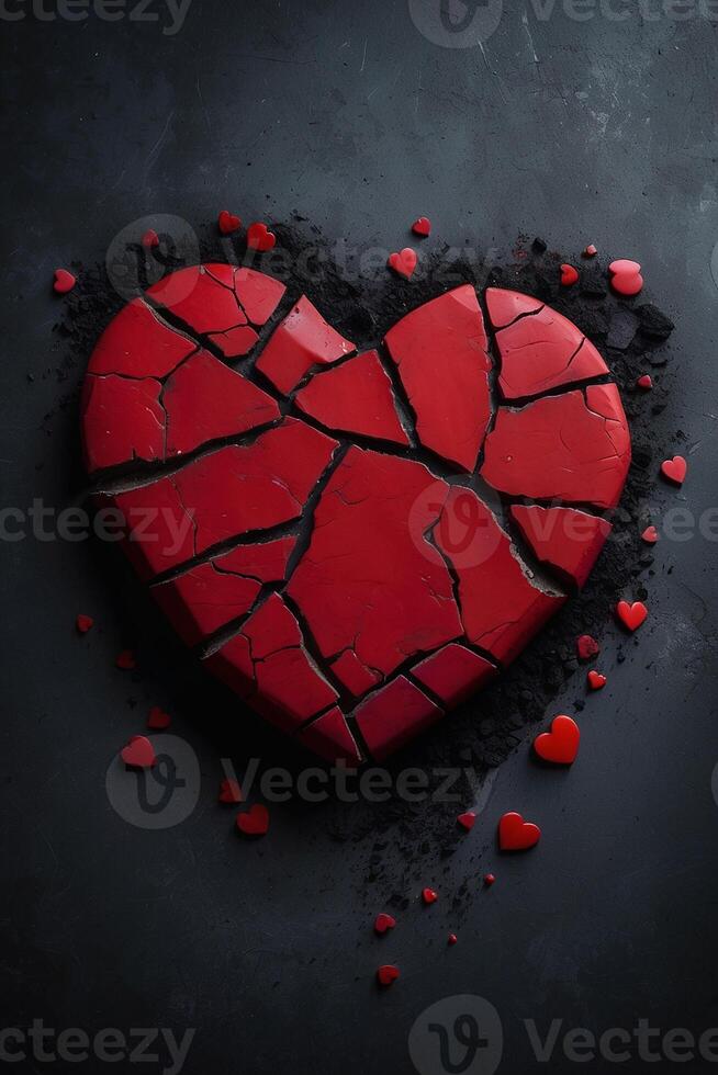 broken heart concept with red heart on black background photo