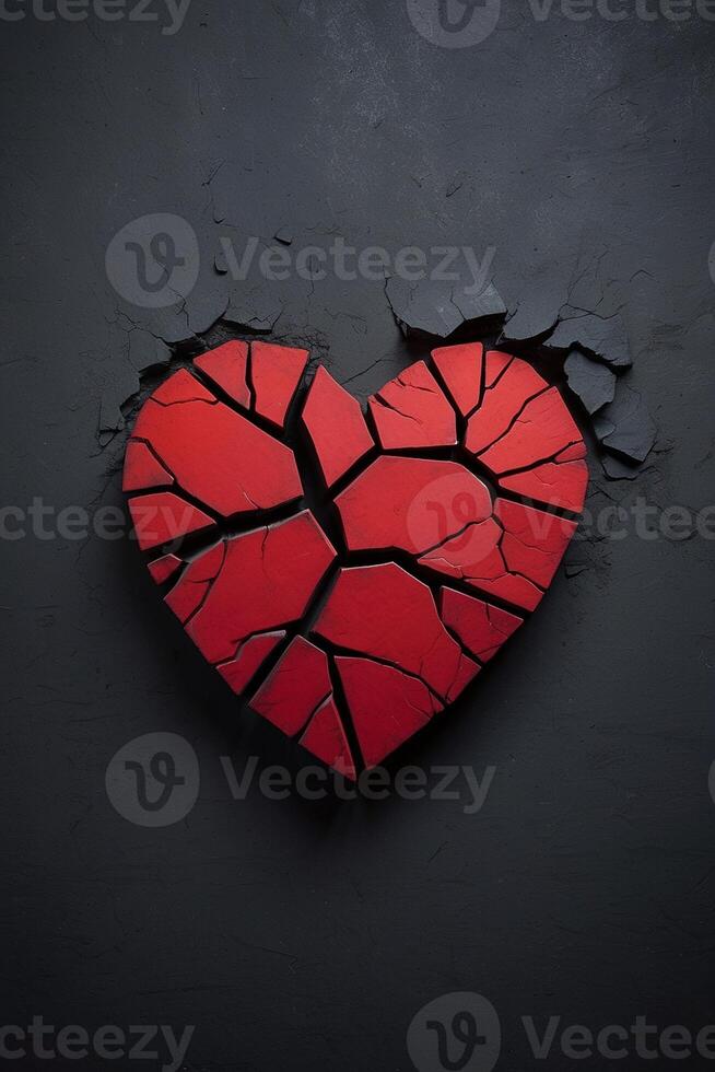 broken heart concept with red heart on black background photo