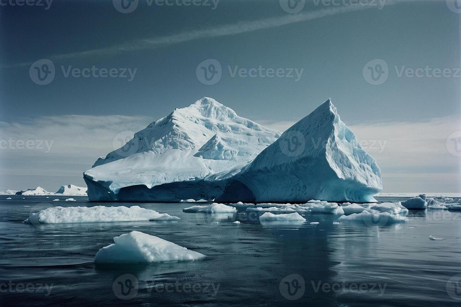 icebergs floating in the water at sunset photo