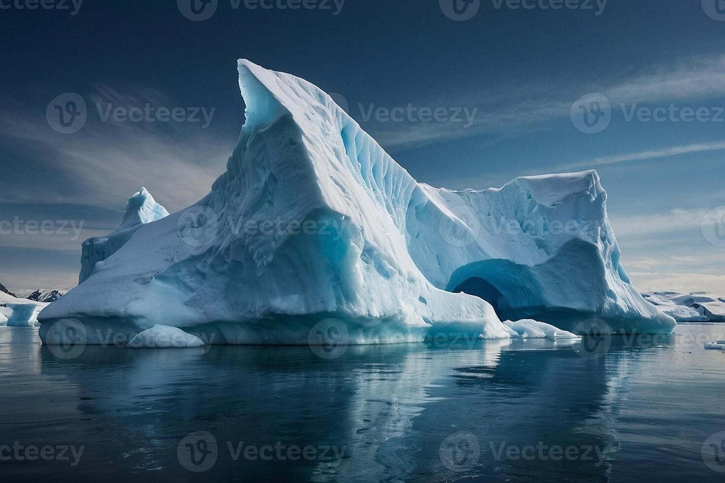 icebergs in the water with a cloudy sky photo