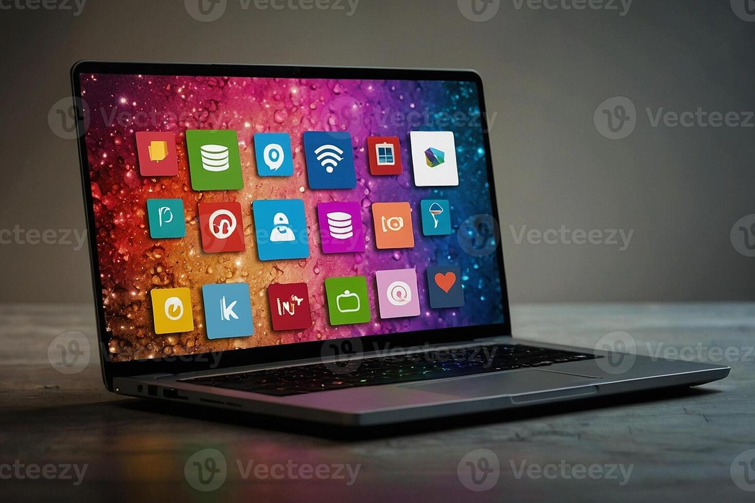 a laptop computer with a variety of icons on the screen photo
