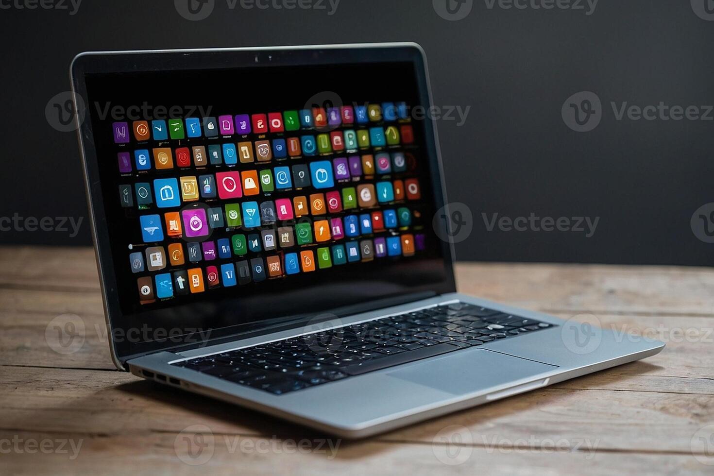 a laptop computer with a variety of icons on the screen photo