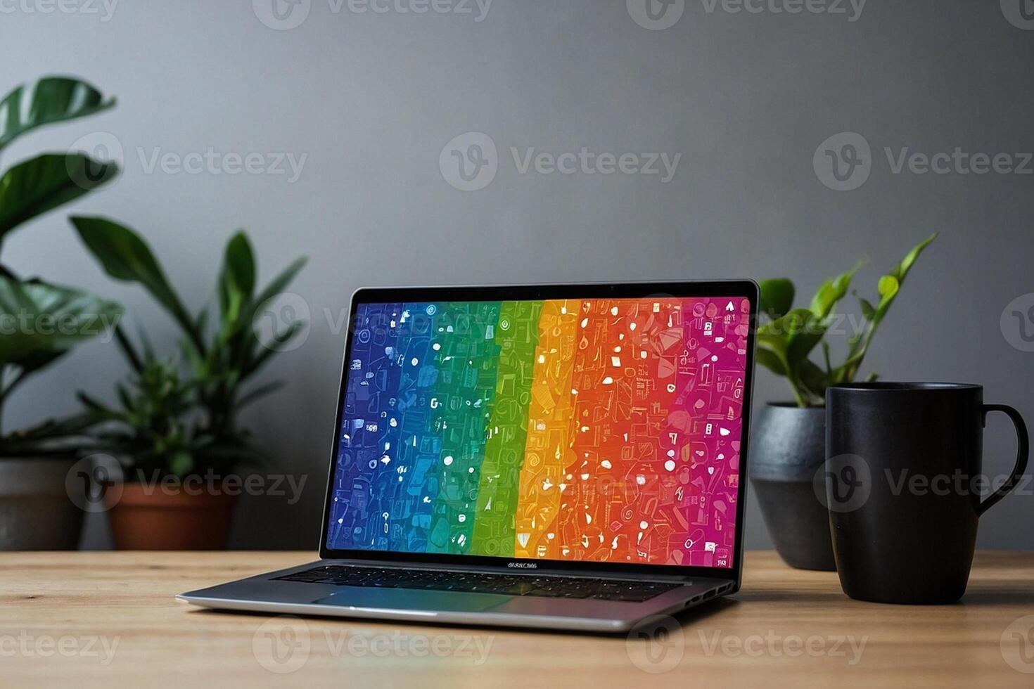 a rainbow laptop on a wooden table with a plant photo