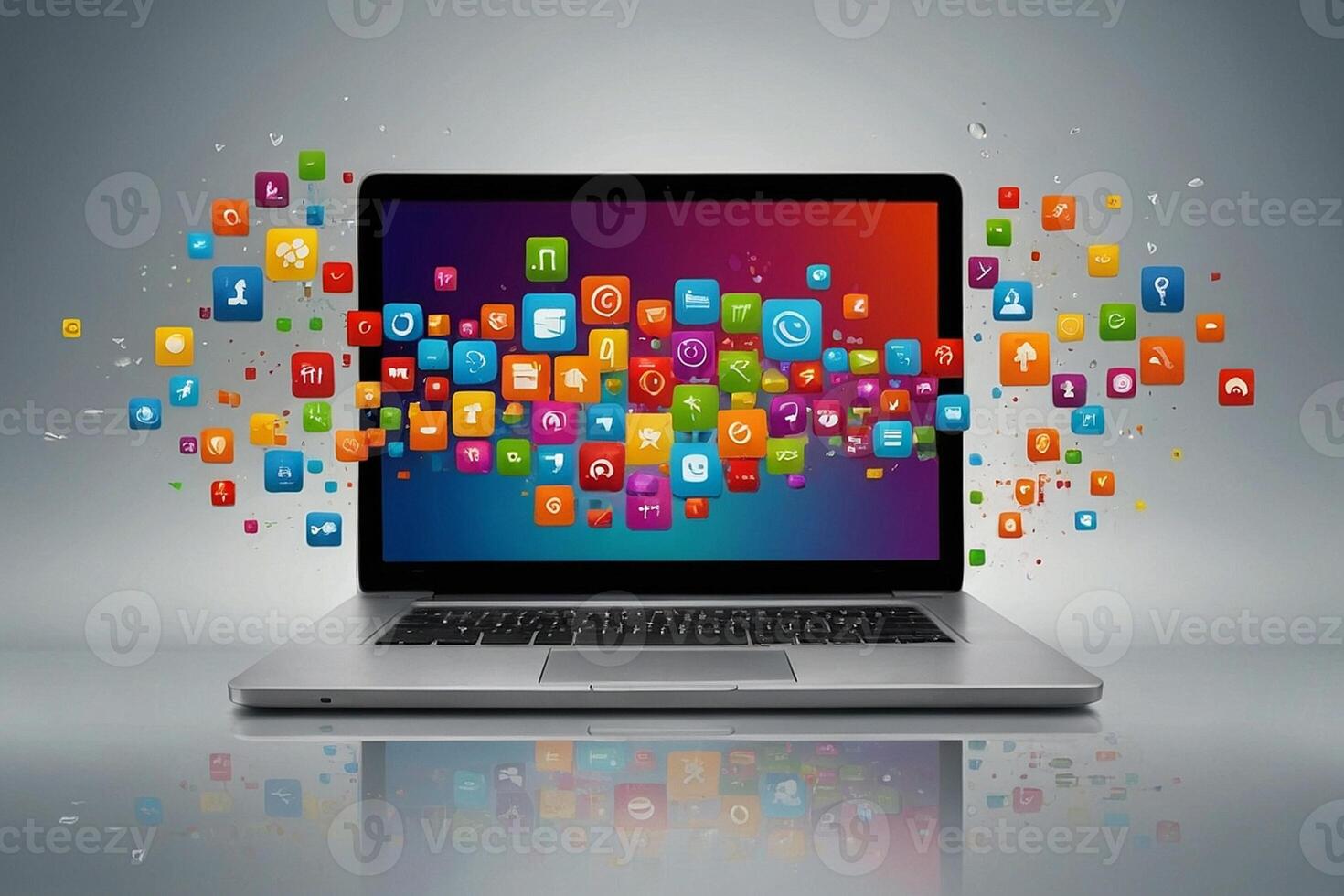 a laptop with many colorful app icons coming out of it photo