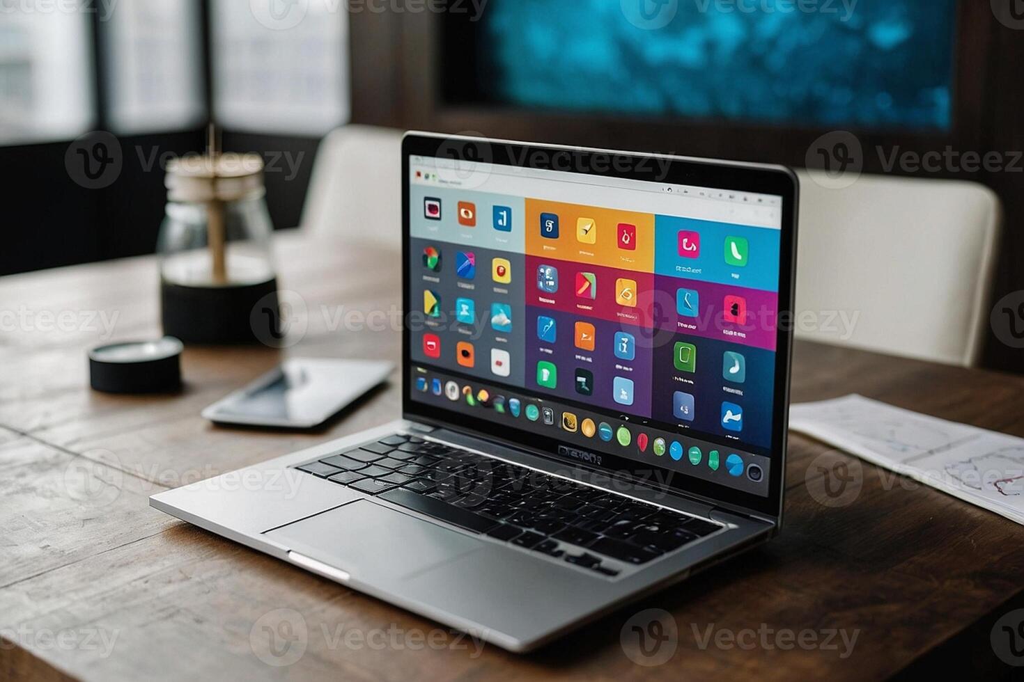 a laptop with a variety of apps on it photo