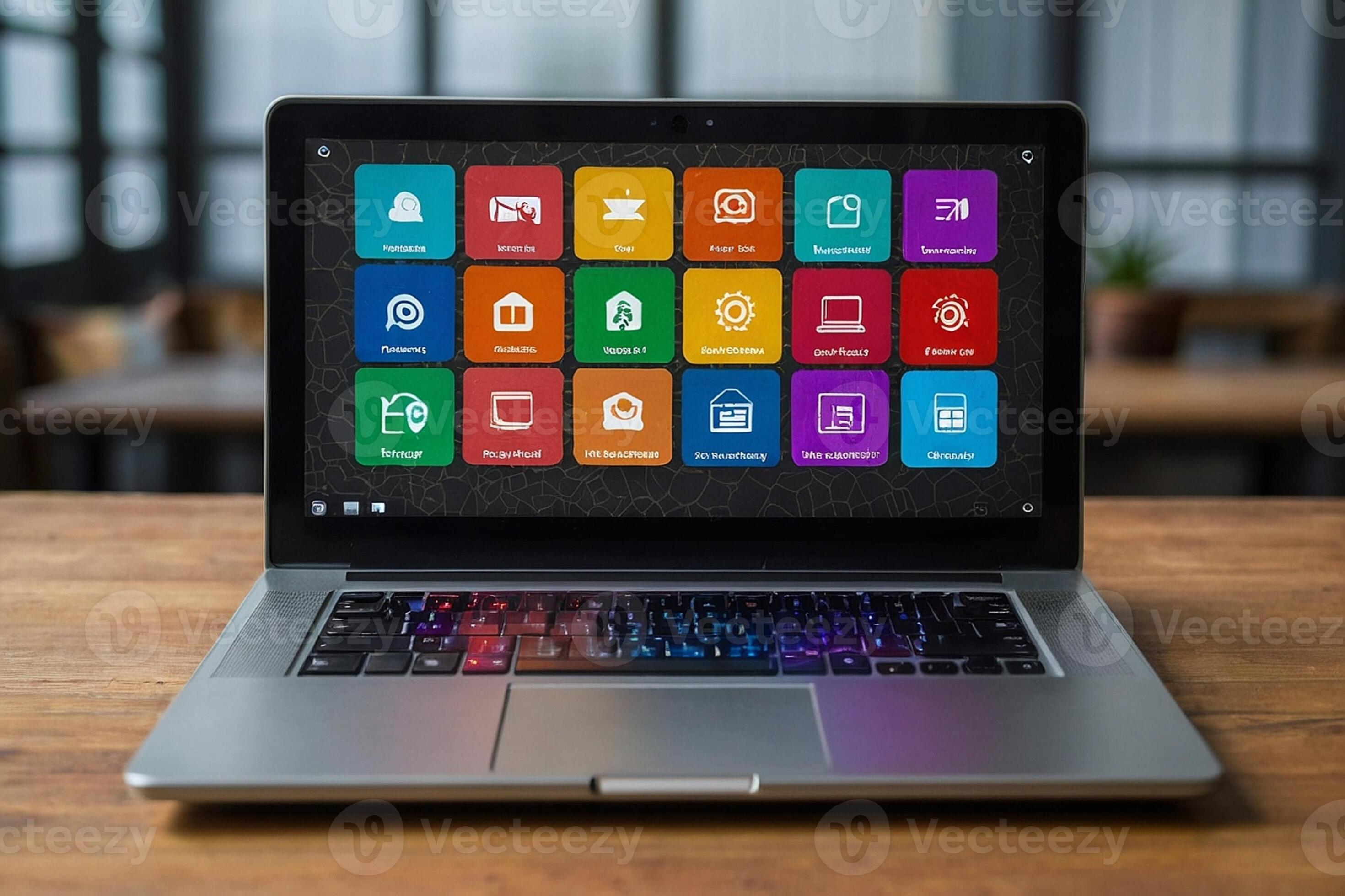 a laptop with many different types of apps on it 44001026 Stock Photo