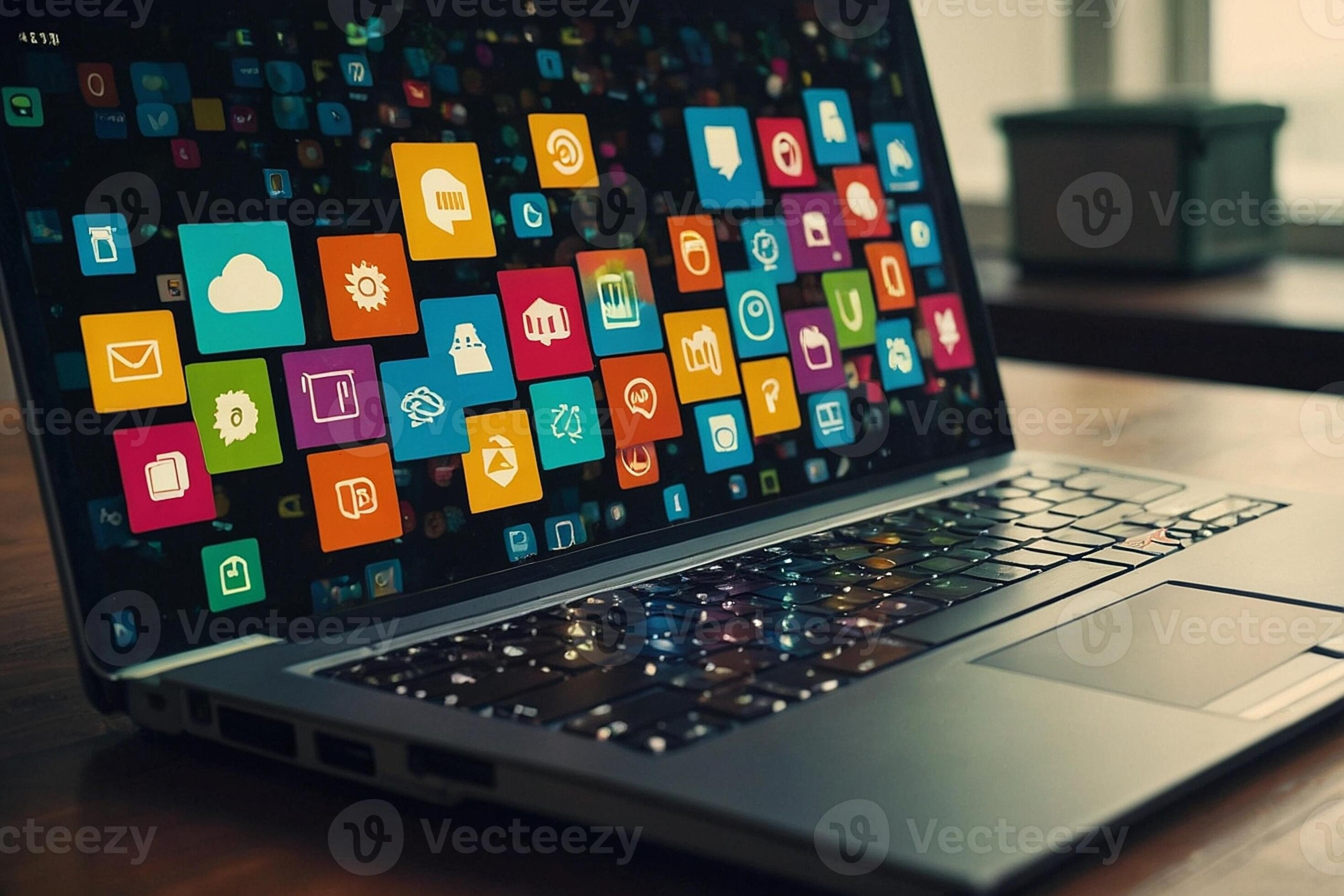 a laptop with many different types of apps on it 44001033 Stock Photo