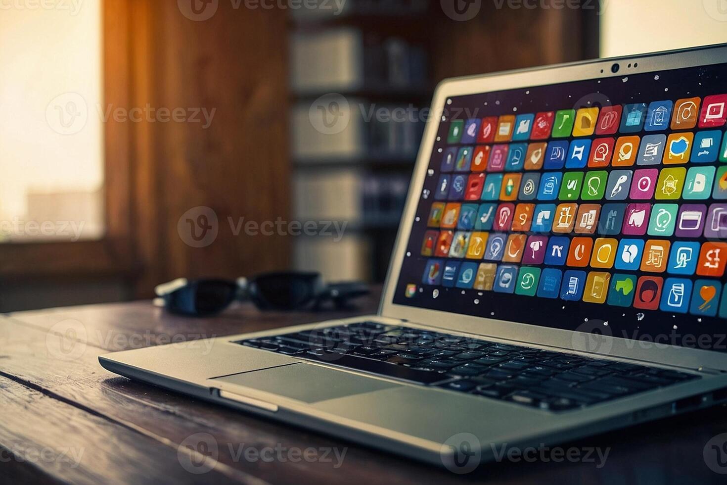 a laptop with colorful icons on the screen photo