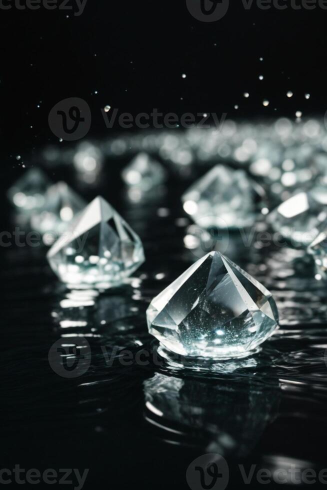diamonds floating in water on a black background photo