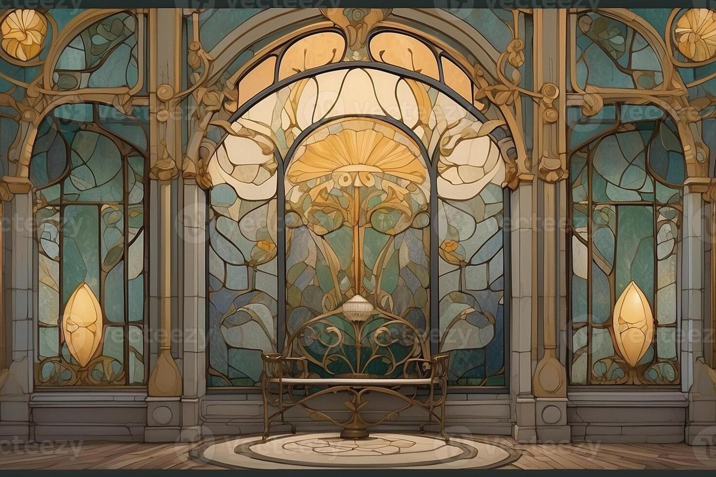 an art nouveau style painting of a room with a large window photo