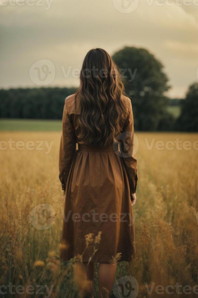 a woman in a brown dress standing in a field photo