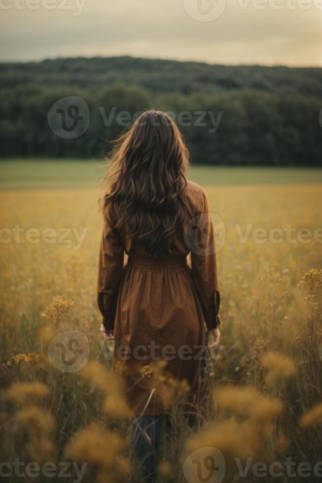 a woman in a brown dress standing in a field photo