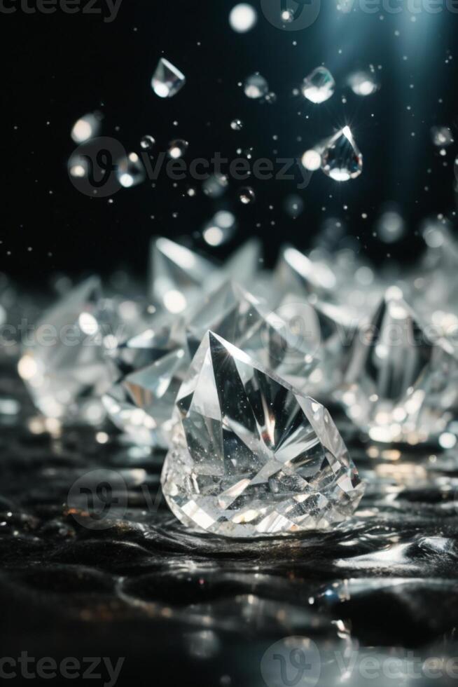 diamonds on a black surface with water photo