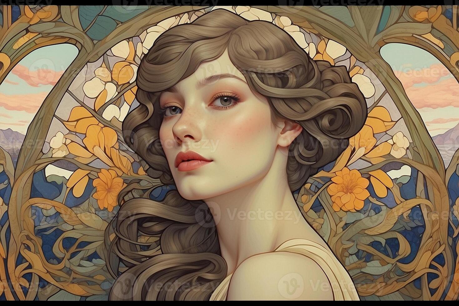 portrait of a girl in flowers and Art Nouveau style photo