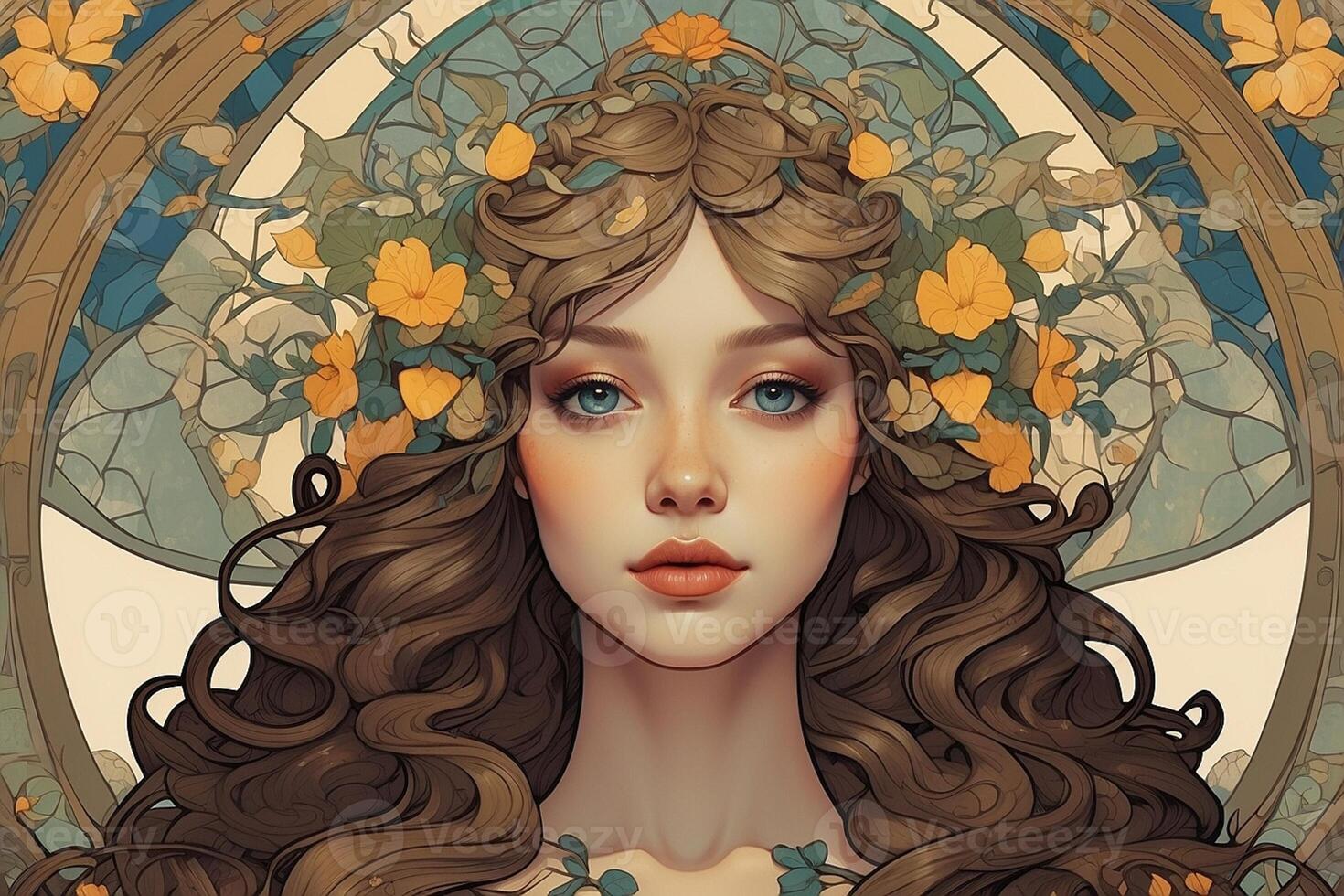 portrait of a girl in flowers and Art Nouveau style photo