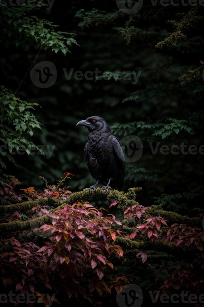 a black bird sitting on a branch in the woods photo