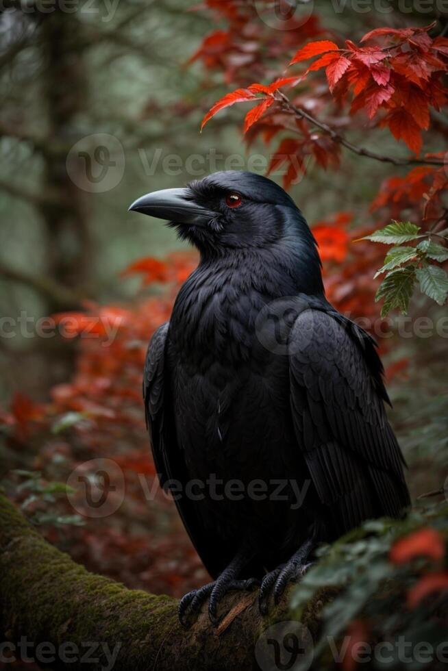 a black crow sits on a branch in the woods photo