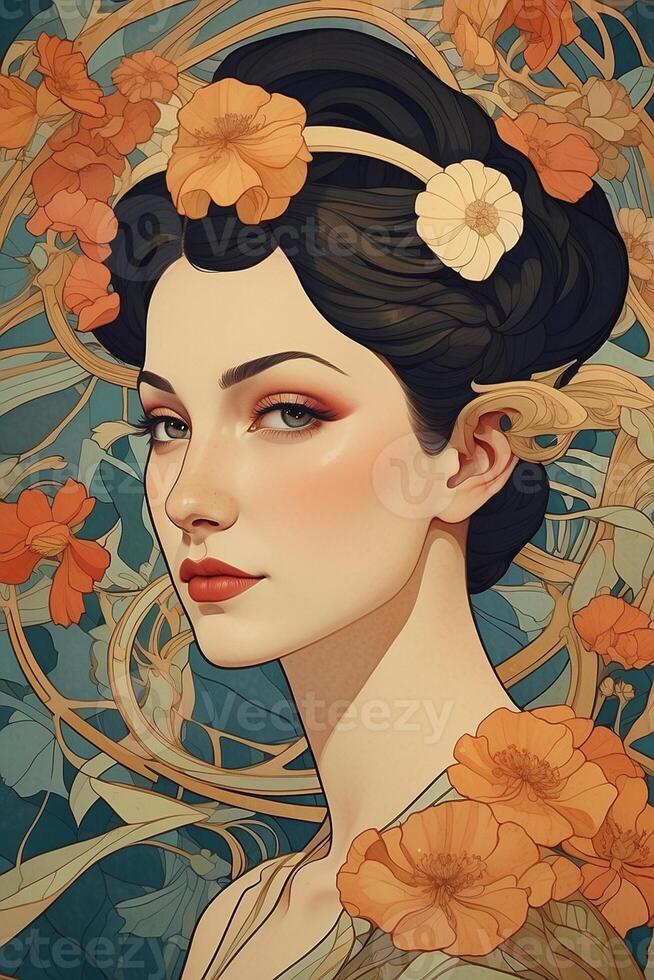 portrait of a girl in flowers and Art Nouveau style photo