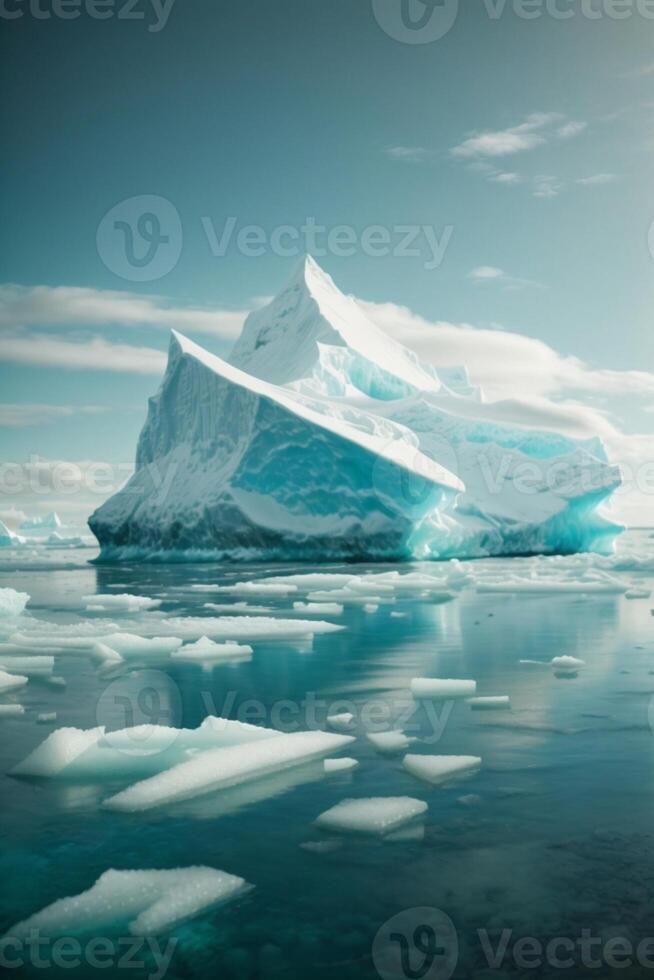 icebergs floating in the water with a sunset photo