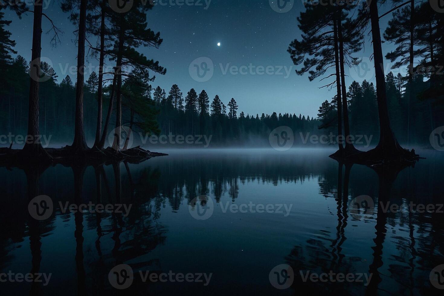 a lake at night with trees and a star photo