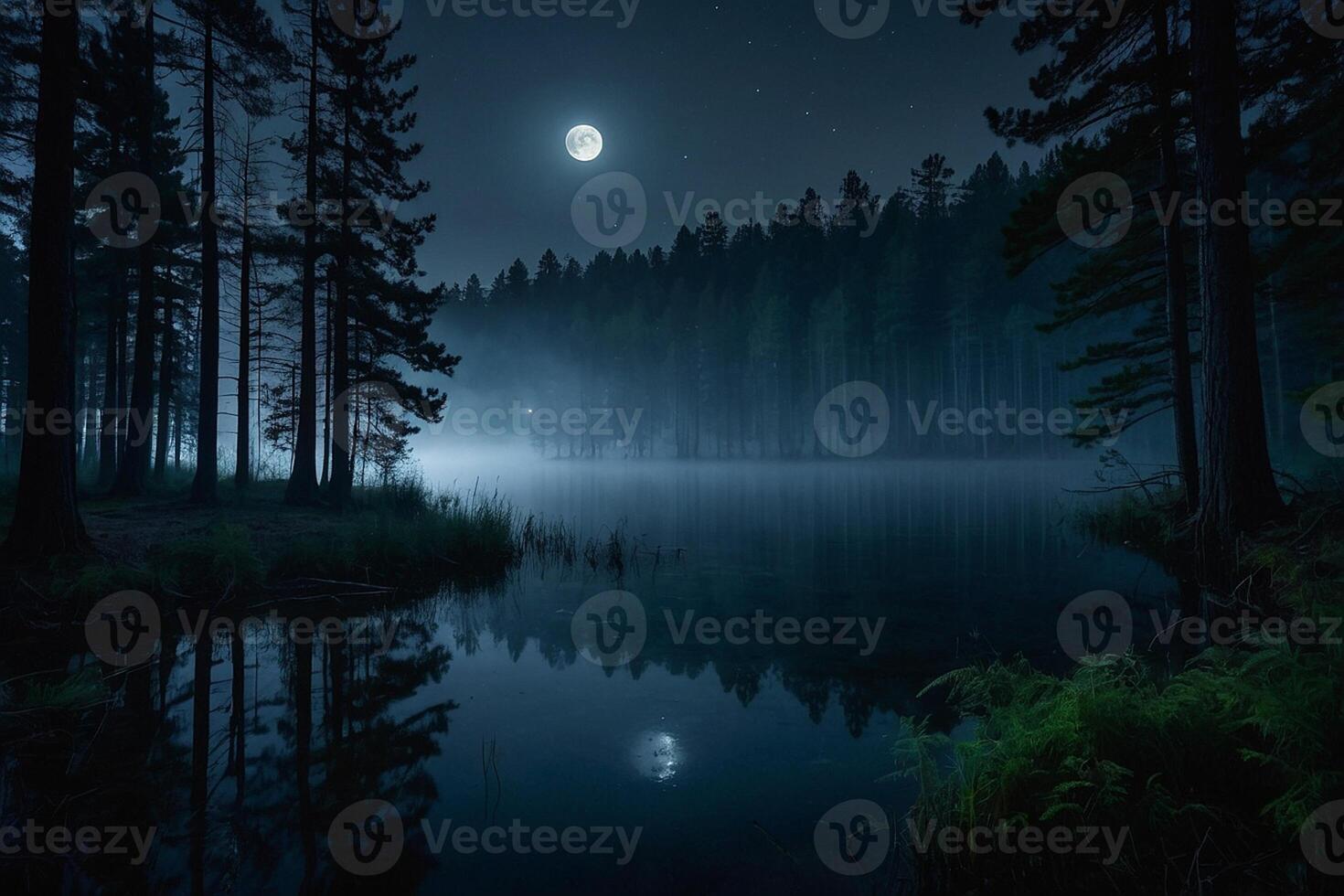 a lake at night with trees and a star photo