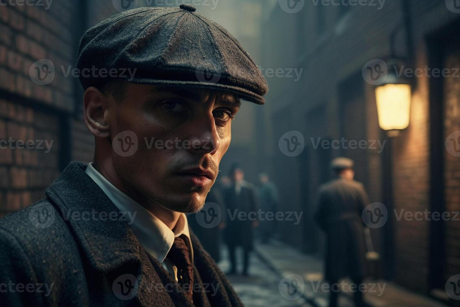 gangster in a hat and coat standing in an alley photo