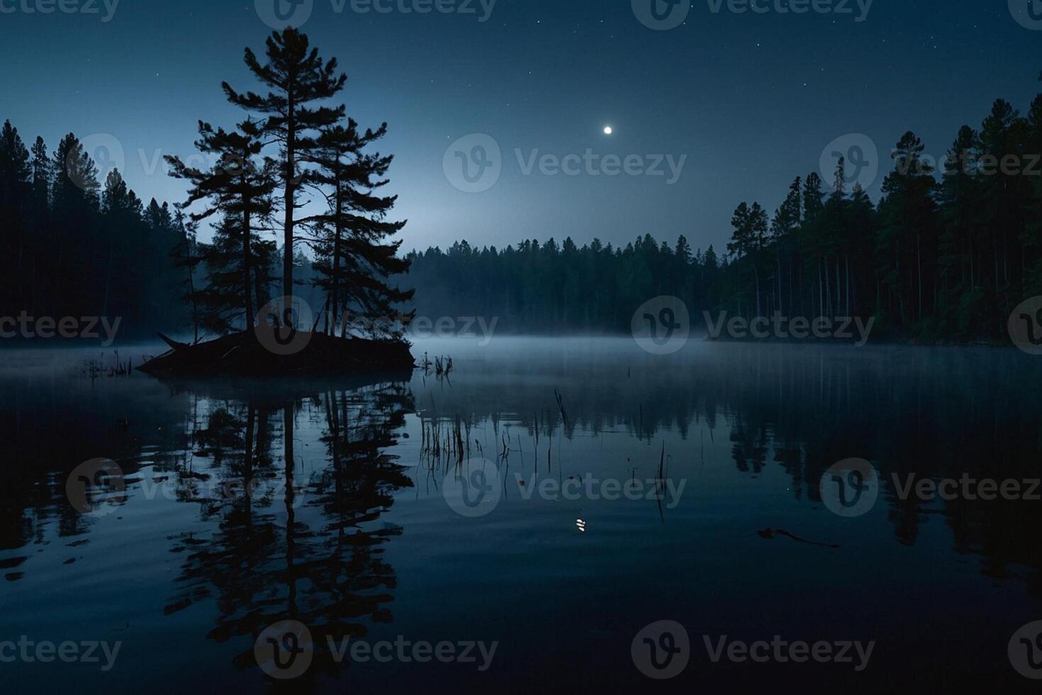 a moon rises over a lake at night photo