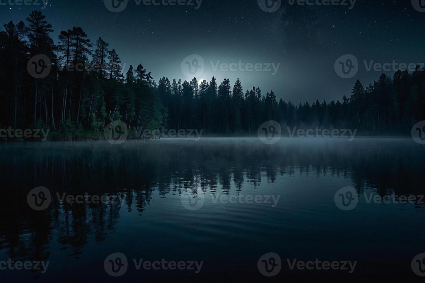 a lake at night with a moon and stars photo