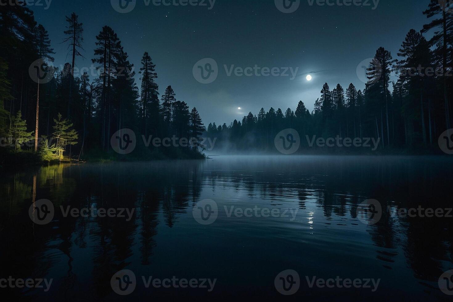 a moon rises over a lake at night photo