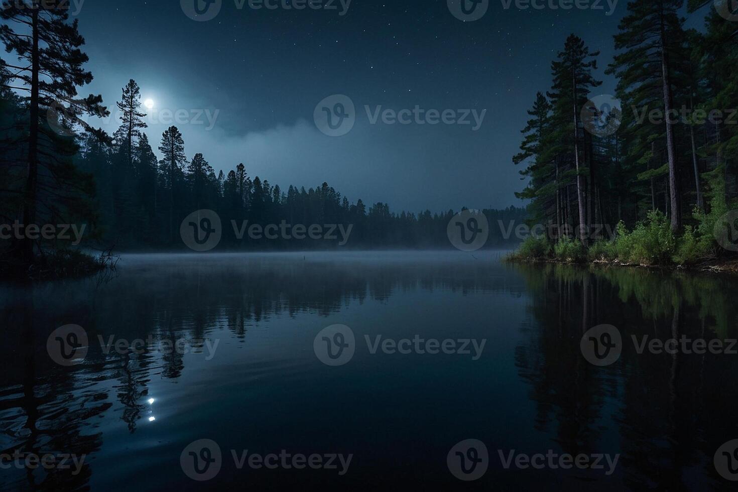 a moon rises over a lake at night photo