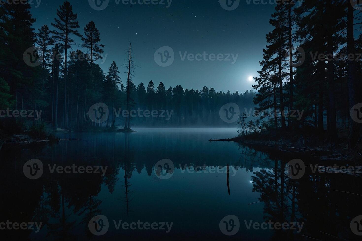 a moon rises over a lake at night photo