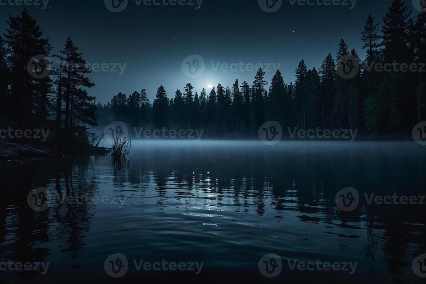 a full moon rises over a lake at night photo