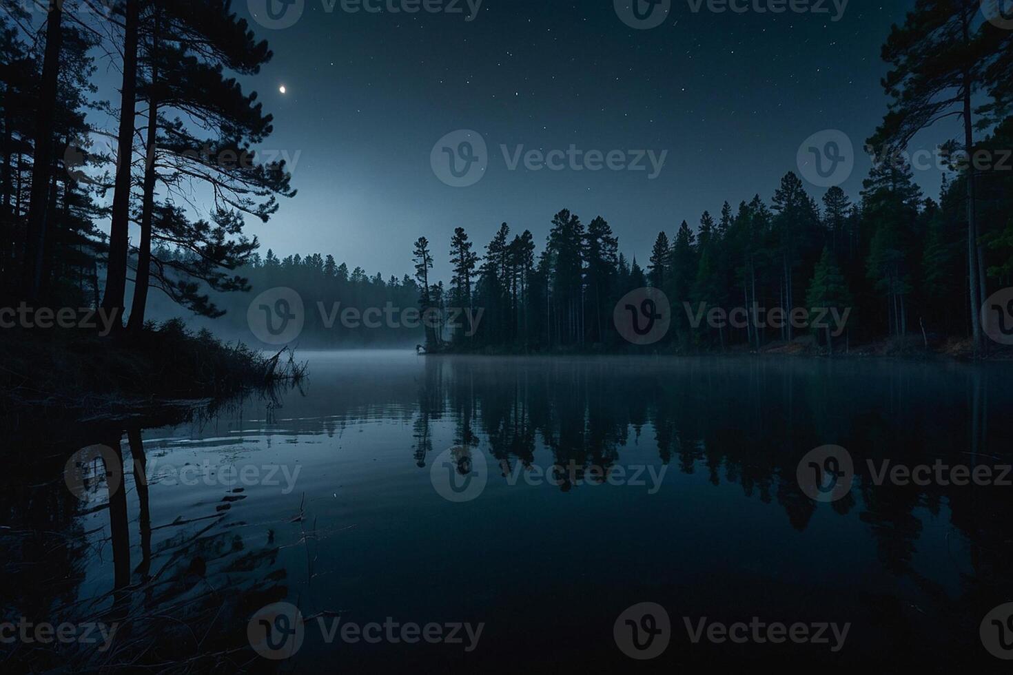 a full moon rises over a lake at night photo