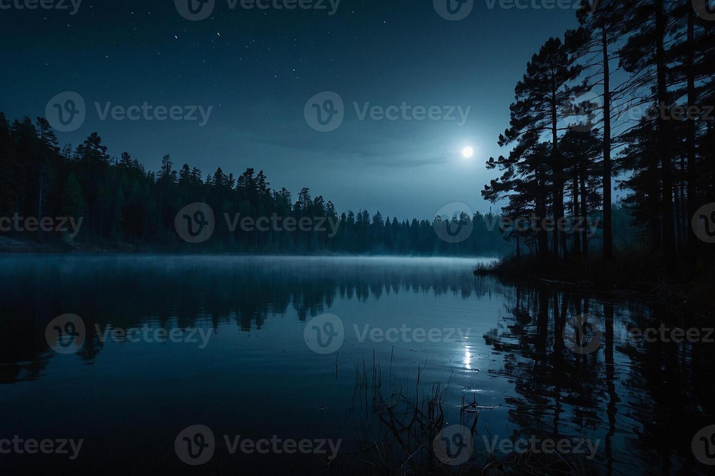 a full moon rises over a lake at night photo
