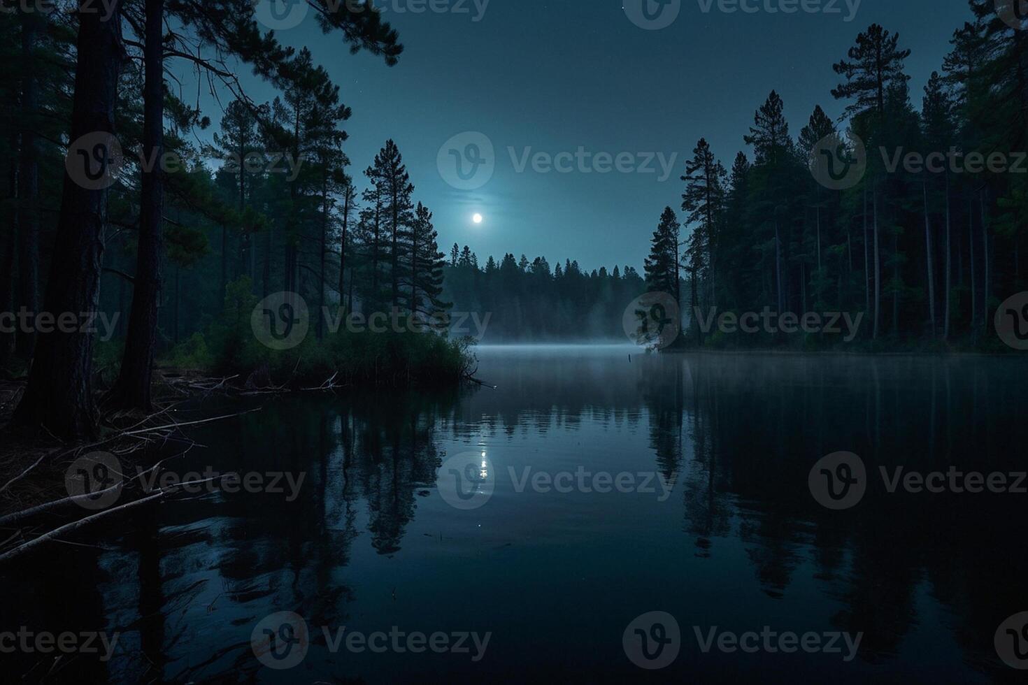 un lleno Luna sube terminado un lago a noche foto