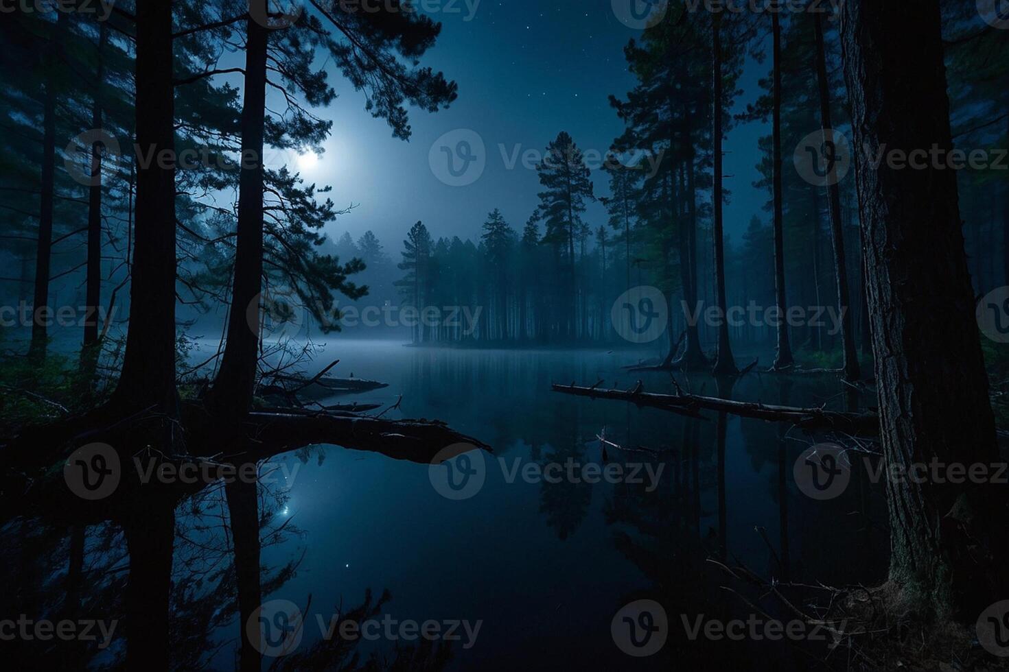 a full moon rises over a lake at night photo