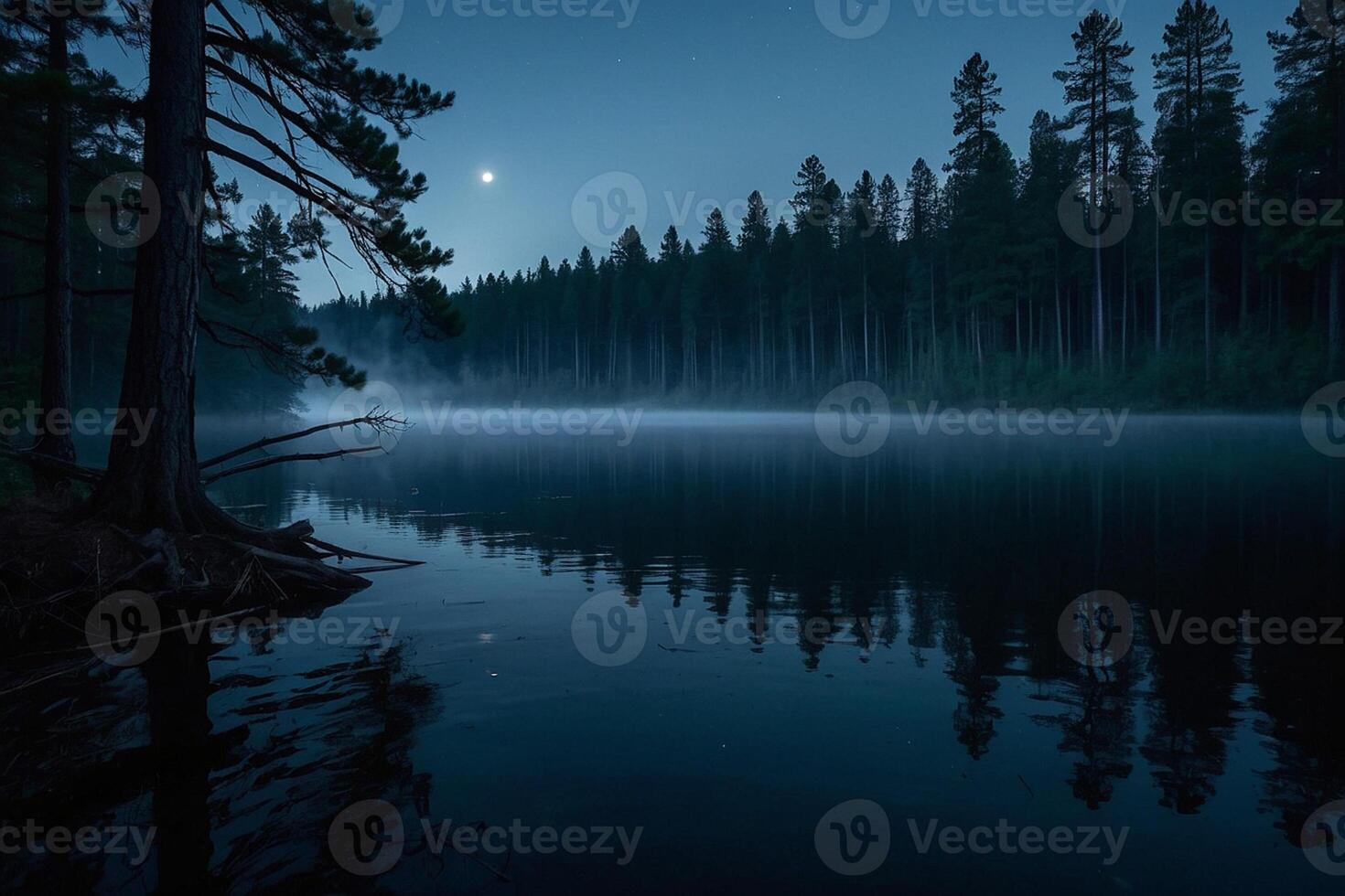 a full moon rises over a lake at night photo