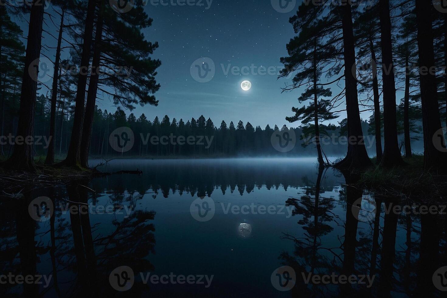 a full moon rises over a lake at night photo