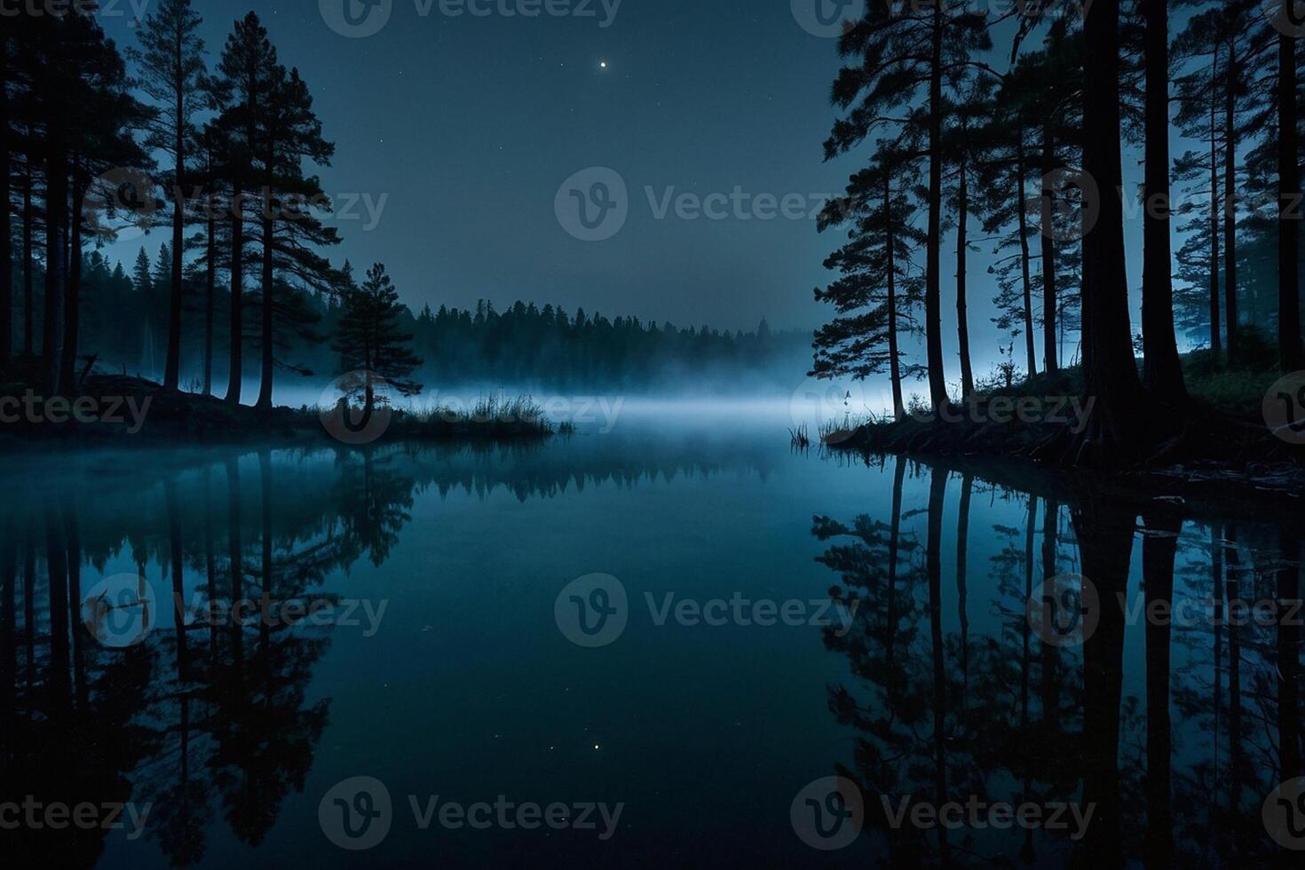 a lake at night with trees and moon in the sky photo