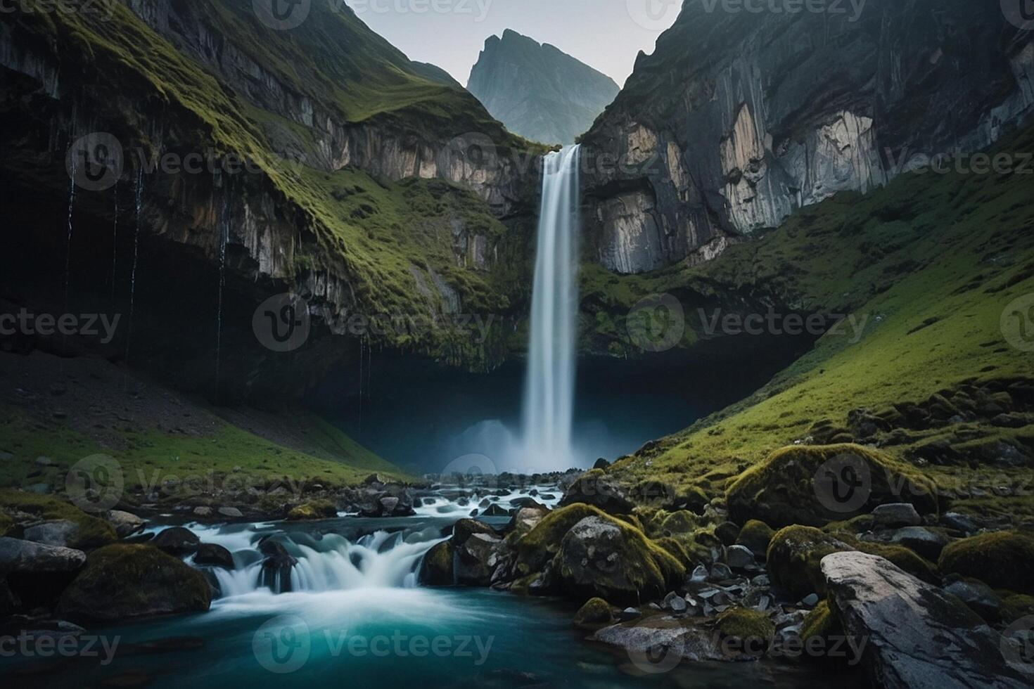 a waterfall in the middle of a green valley photo