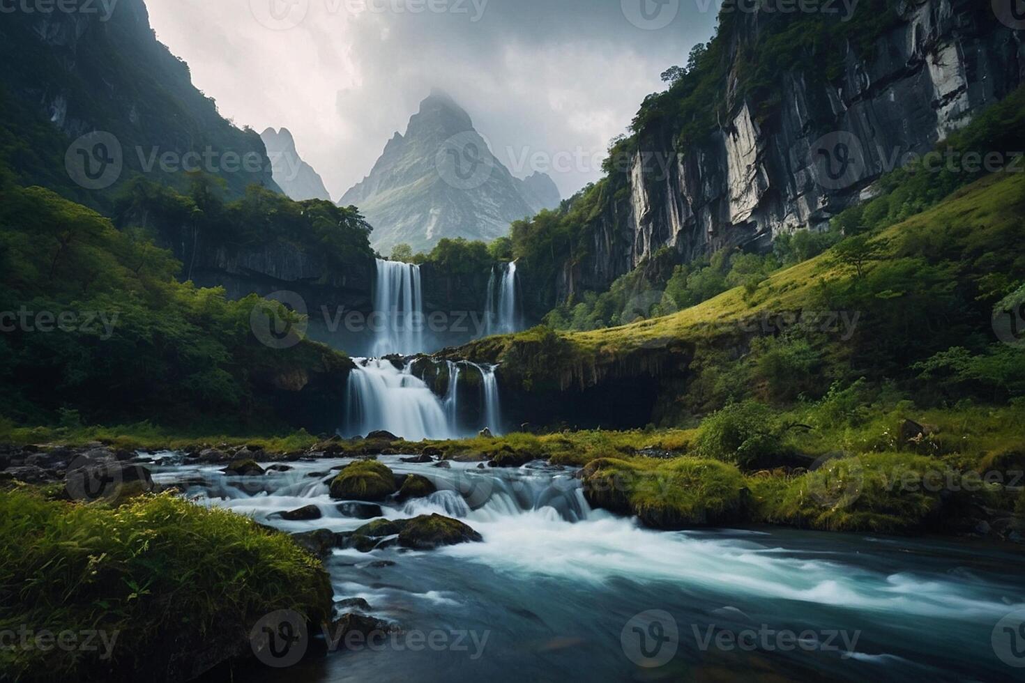 a waterfall in the middle of a green valley photo