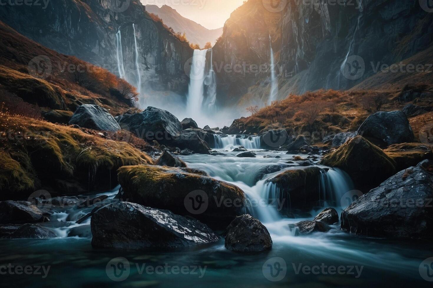 a waterfall in the middle of a green valley photo