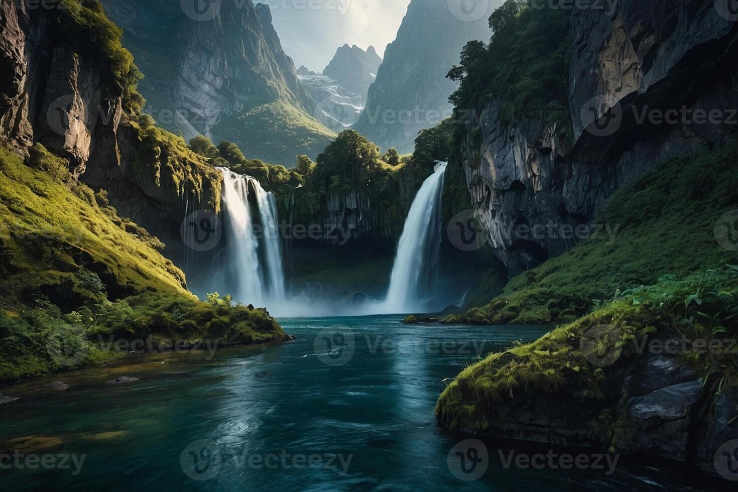 a waterfall in the middle of a green valley photo